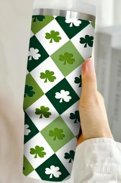 Online Dear-Lover Clover Checkered Print Straw Large Tumbler without Handle 40oz Green