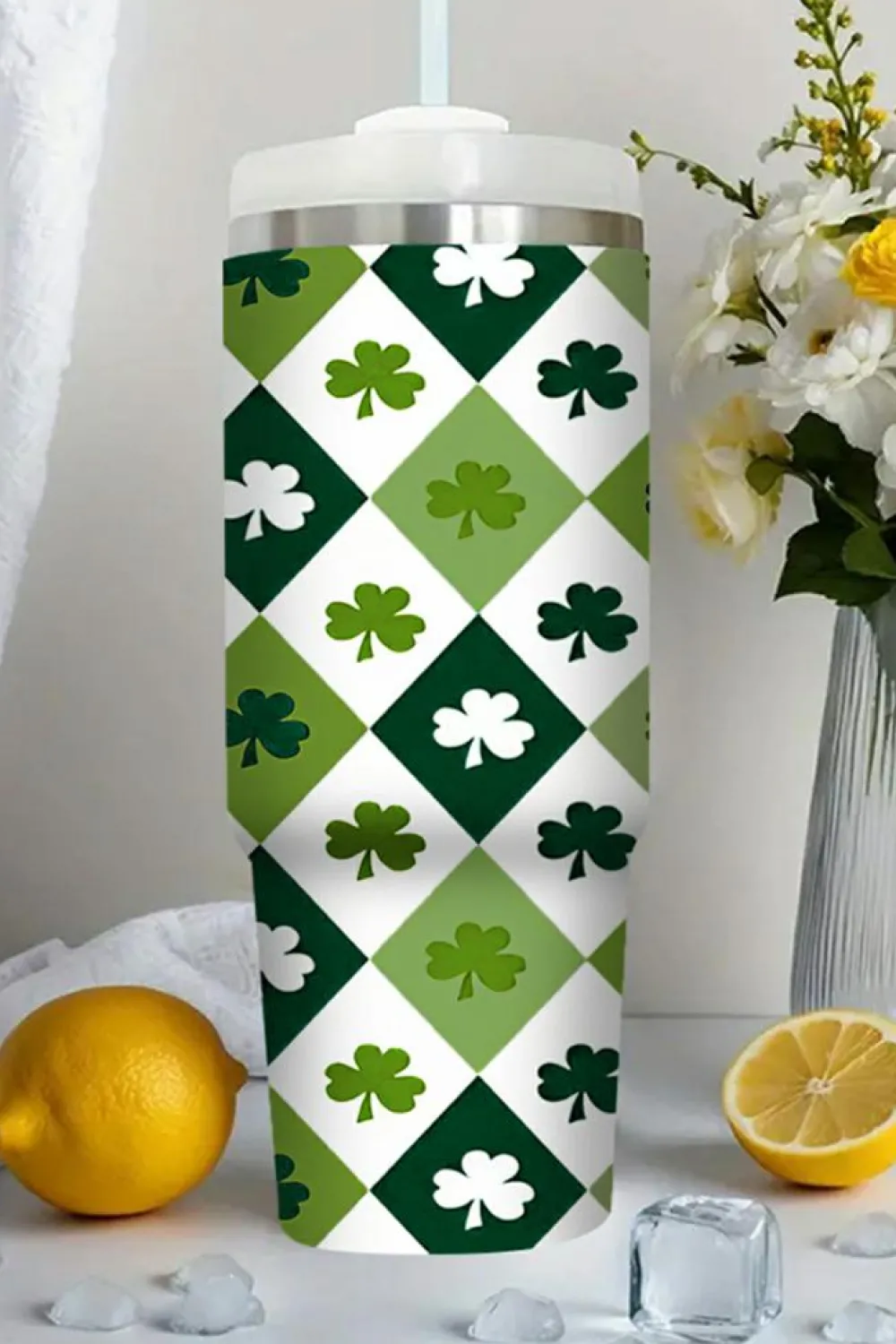 Online Dear-Lover Clover Checkered Print Straw Large Tumbler without Handle 40oz Green