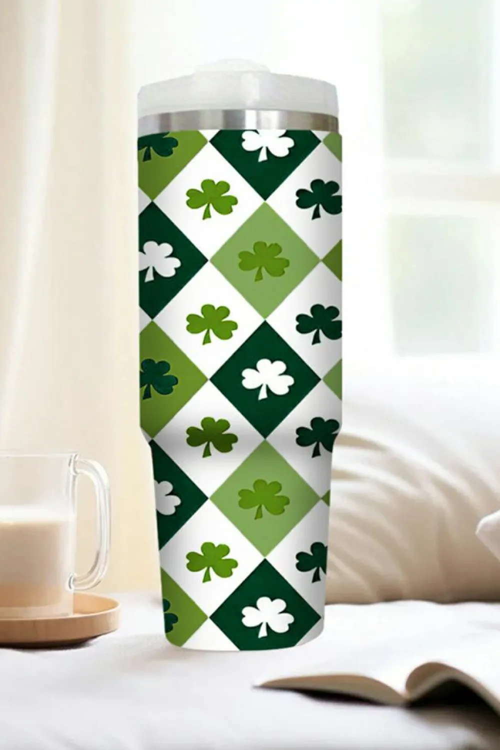 Online Dear-Lover Clover Checkered Print Straw Large Tumbler without Handle 40oz Green