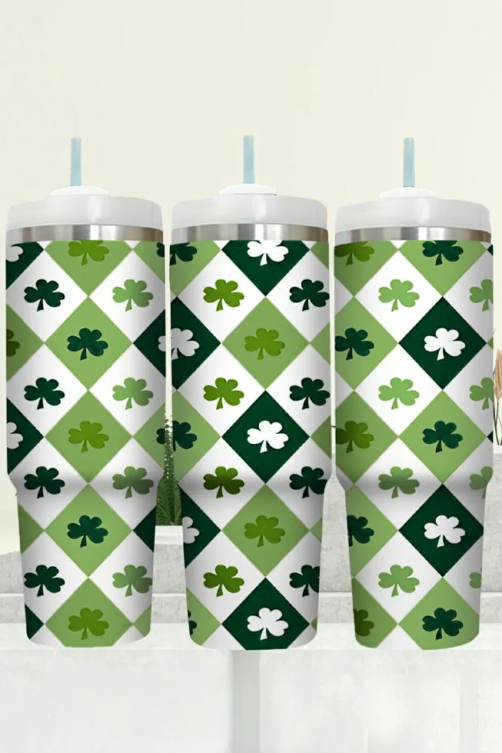 Online Dear-Lover Clover Checkered Print Straw Large Tumbler without Handle 40oz Green