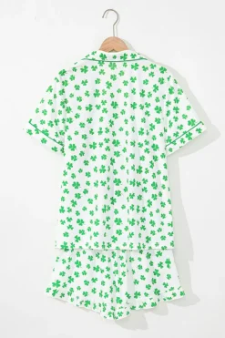 Discount Dear-Lover Clover Printed Short Sleeve and Ruffled Shorts Pajama Set Green