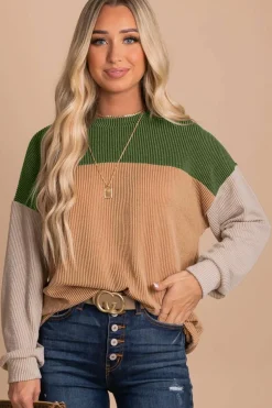 Online Dear-Lover Color Block Long Sleeve Ribbed Loose Top Green
