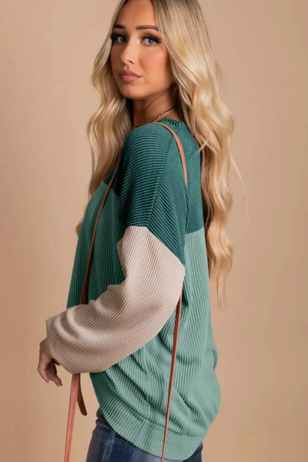 Hot Dear-Lover Green Color Block Long Sleeve Ribbed Loose Top Green-2