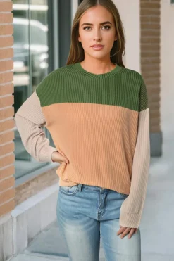Online Dear-Lover Color Block Long Sleeve Ribbed Loose Top Green