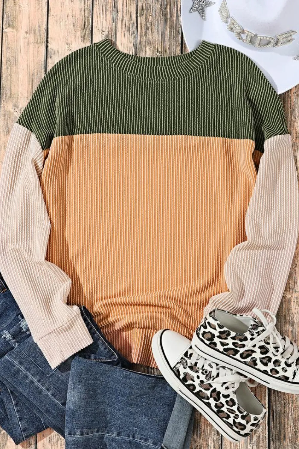 Online Dear-Lover Color Block Long Sleeve Ribbed Loose Top Green