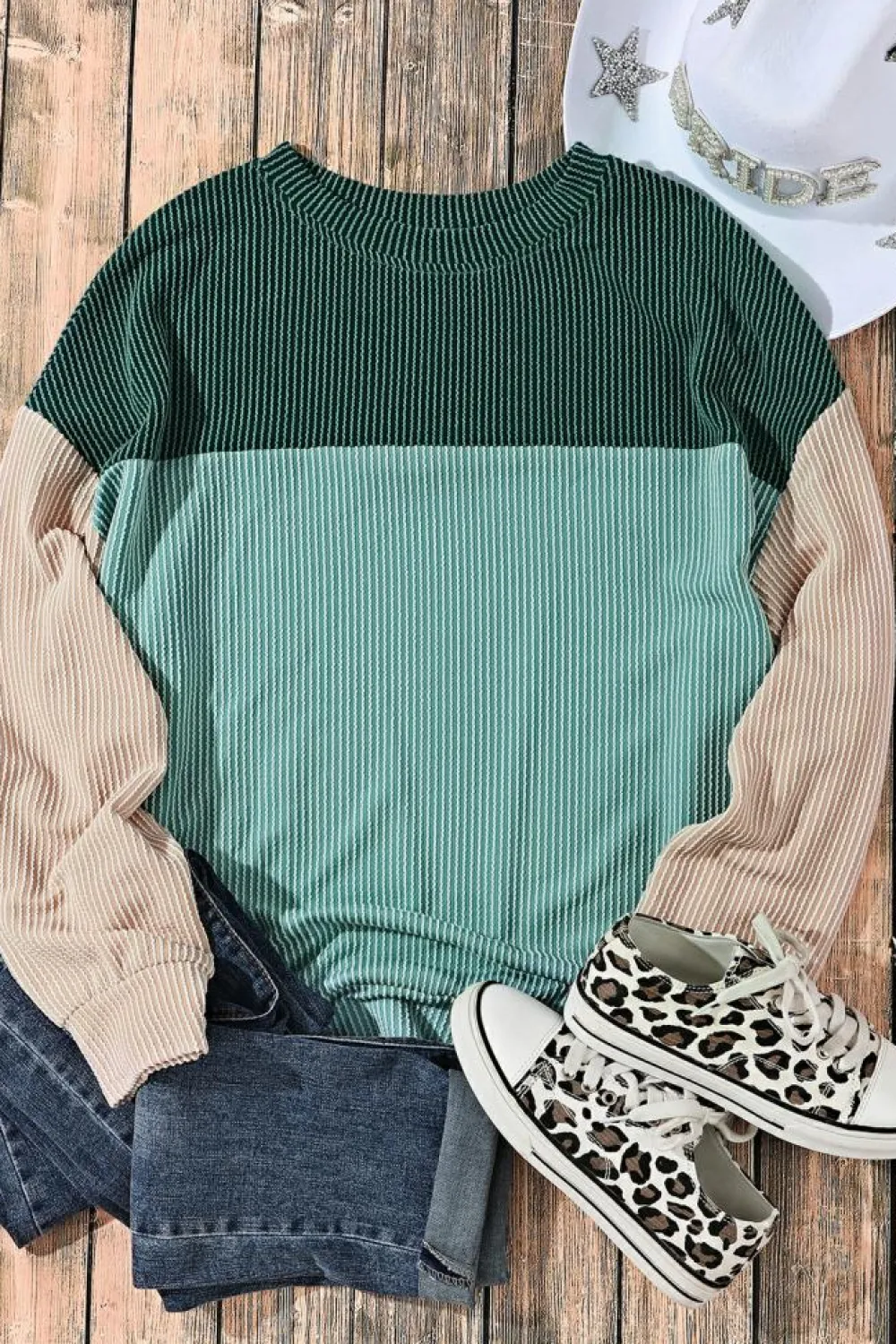 Hot Dear-Lover Green Color Block Long Sleeve Ribbed Loose Top Green-2