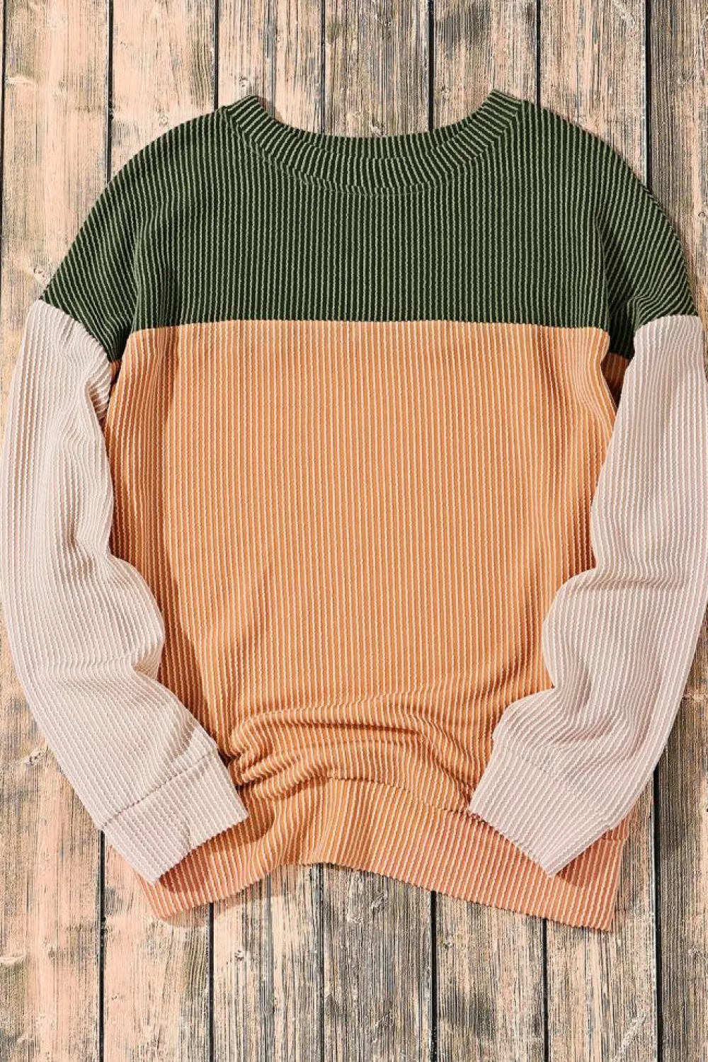 Online Dear-Lover Color Block Long Sleeve Ribbed Loose Top Green