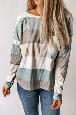 Fashion Dear-Lover Color Block Ribbed Long Sleeve Top with Pocket Green
