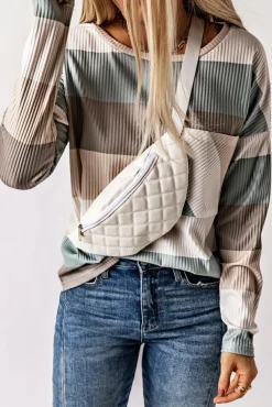 Fashion Dear-Lover Color Block Ribbed Long Sleeve Top with Pocket Green