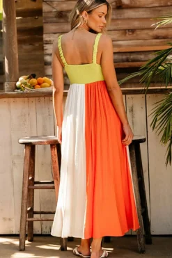 Best Dear-Lover Color Block Shirred High Waist Fit and Flare Maxi Dress Green