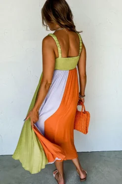 Best Dear-Lover Color Block Shirred High Waist Fit and Flare Maxi Dress Green