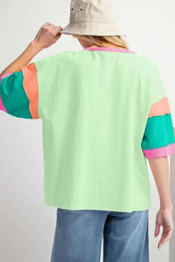 Fashion Dear-Lover Color Block Stitching Sleeve Round Neck Oversize Top Green