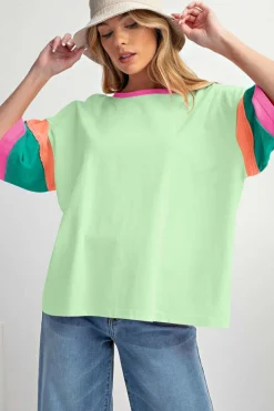 Fashion Dear-Lover Color Block Stitching Sleeve Round Neck Oversize Top Green