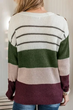 Fashion Dear-Lover Color Block Striped Buttoned Shoulder Split Sweater Green