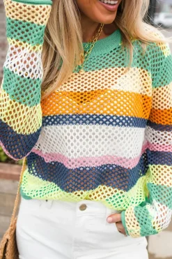 Hot Dear-Lover Colorblock Patchwork Knit Crochet Eyelet Sweater Green