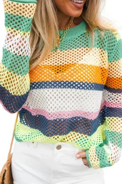 Hot Dear-Lover Colorblock Patchwork Knit Crochet Eyelet Sweater Green