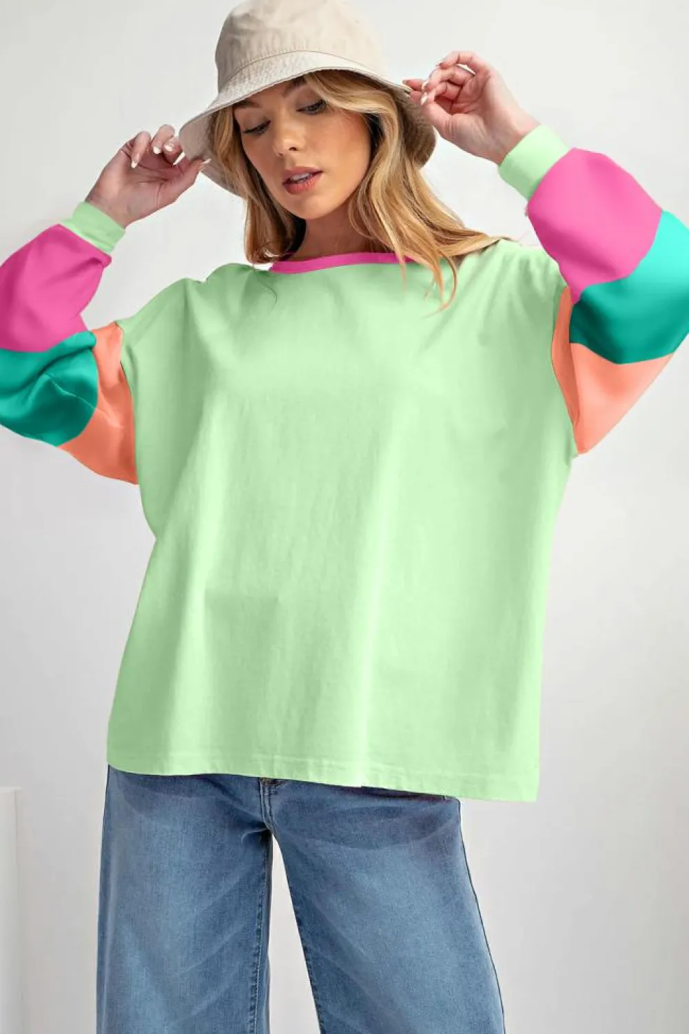 New Dear-Lover Colorblock Patchwork Long Sleeve Loose Top Green