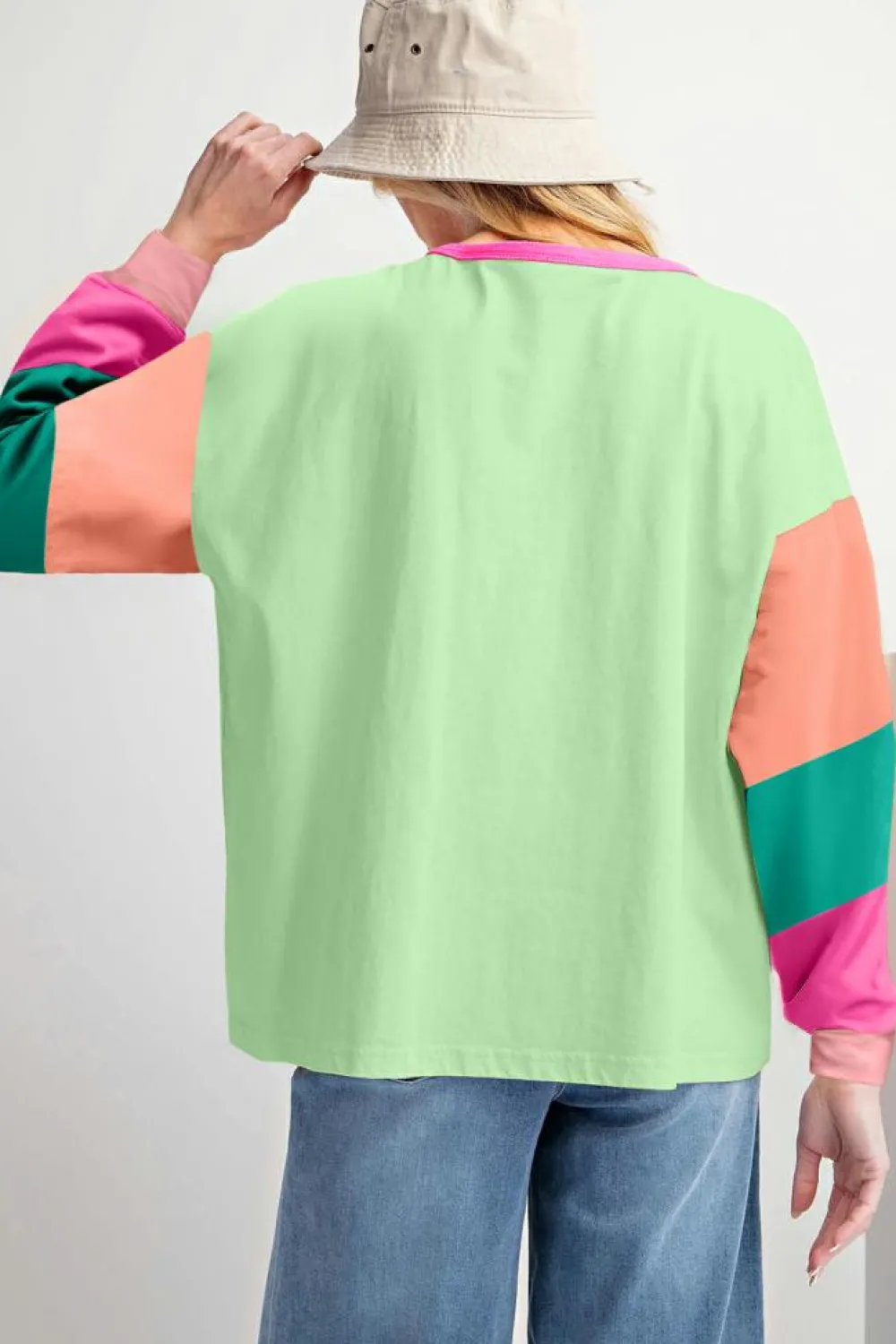 New Dear-Lover Colorblock Patchwork Long Sleeve Loose Top Green
