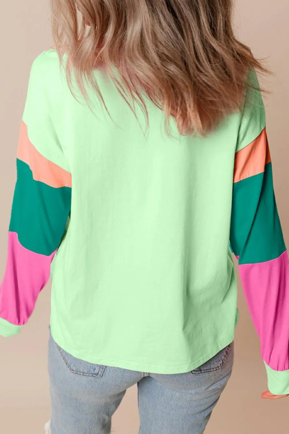 New Dear-Lover Colorblock Patchwork Long Sleeve Loose Top Green
