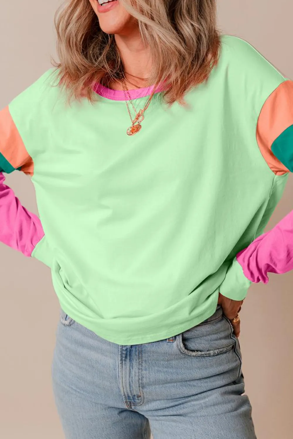 New Dear-Lover Colorblock Patchwork Long Sleeve Loose Top Green
