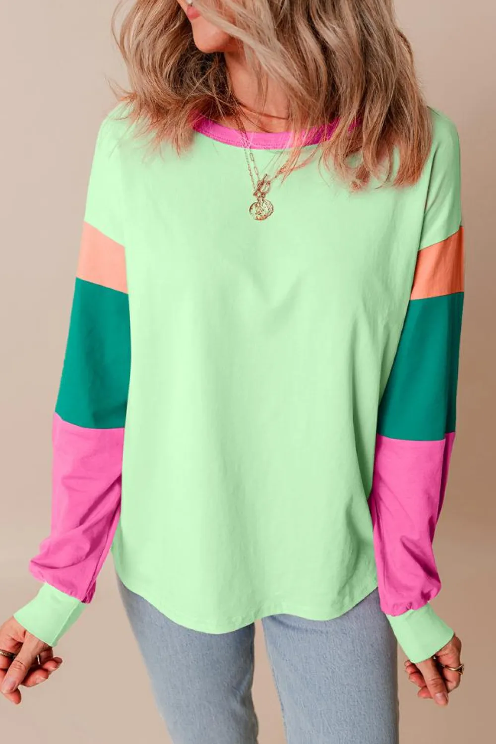 New Dear-Lover Colorblock Patchwork Long Sleeve Loose Top Green