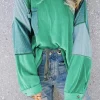 Best Dear-Lover Colorblock Stitching Patchwork Buttoned Long Sleeve Top Green