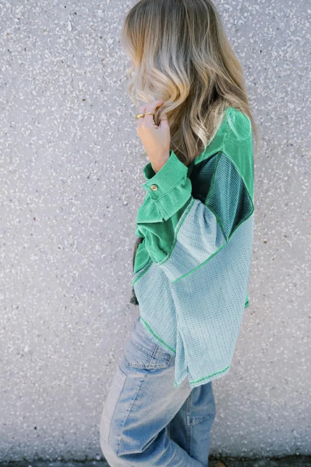 Best Dear-Lover Colorblock Stitching Patchwork Buttoned Long Sleeve Top Green