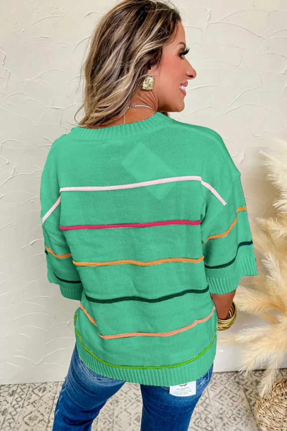 Sale Dear-Lover Colorblock Striped Half Sleeve Drop Shoulder Sweater Green