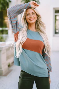 Clearance Dear-Lover Colorblock Striped Bishop Sleeve Top Green
