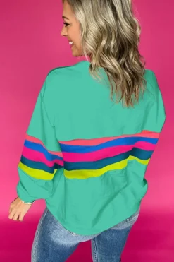 Sale Dear-Lover Colorful Striped Accent Long Sleeve T Shirt Green