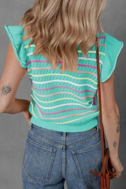 Discount Dear-Lover Colorful Striped Eyelet Knit Ruffled Sleeve Sweater T Shirt Green