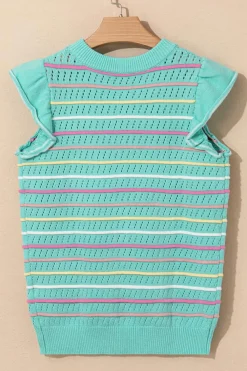 Discount Dear-Lover Colorful Striped Eyelet Knit Ruffled Sleeve Sweater T Shirt Green