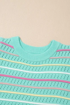 Discount Dear-Lover Colorful Striped Eyelet Knit Ruffled Sleeve Sweater T Shirt Green