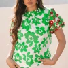 Hot Dear-Lover Contrast Embroidered Puff Short Sleeve Floral Blouse Green