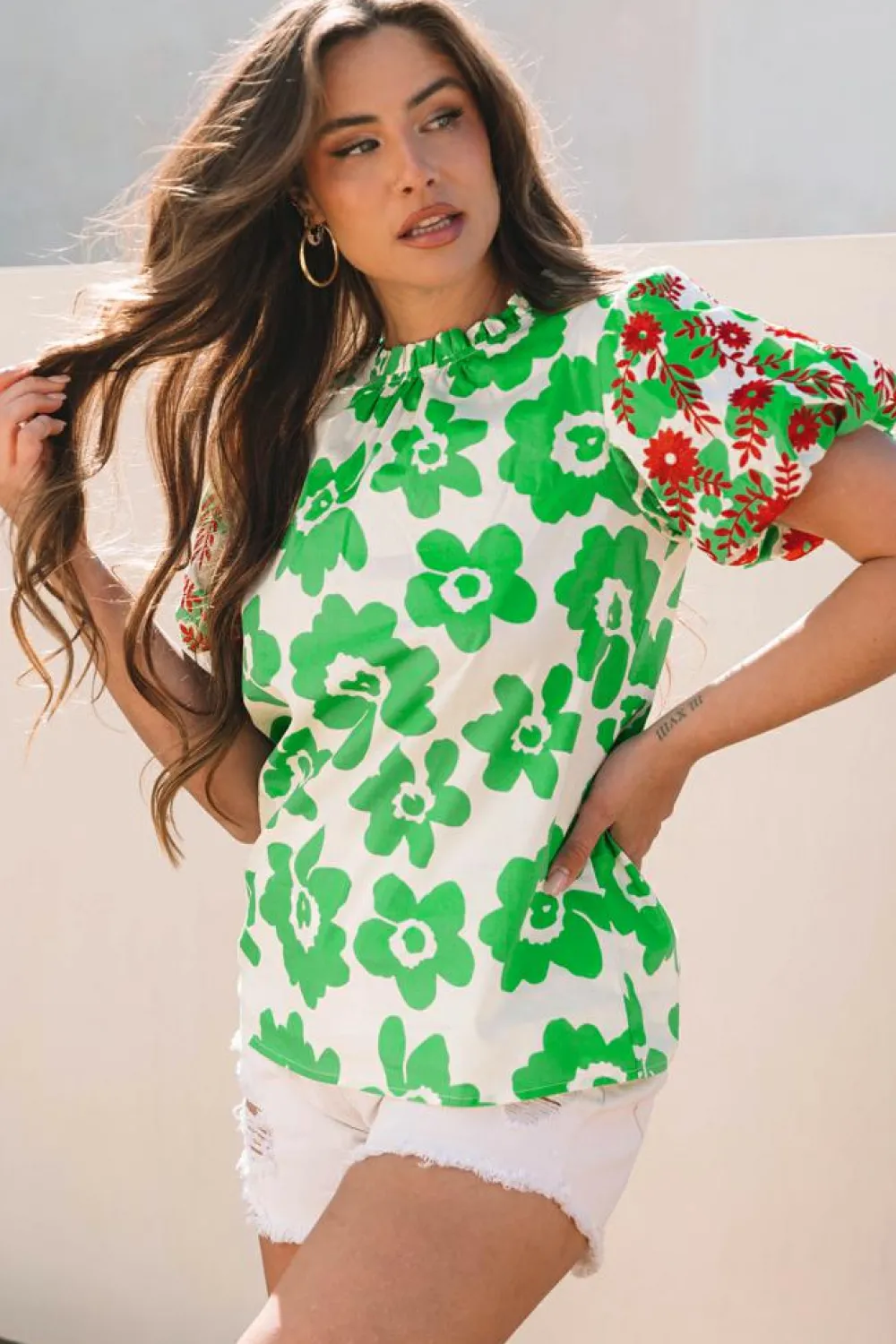 Hot Dear-Lover Contrast Embroidered Puff Short Sleeve Floral Blouse Green