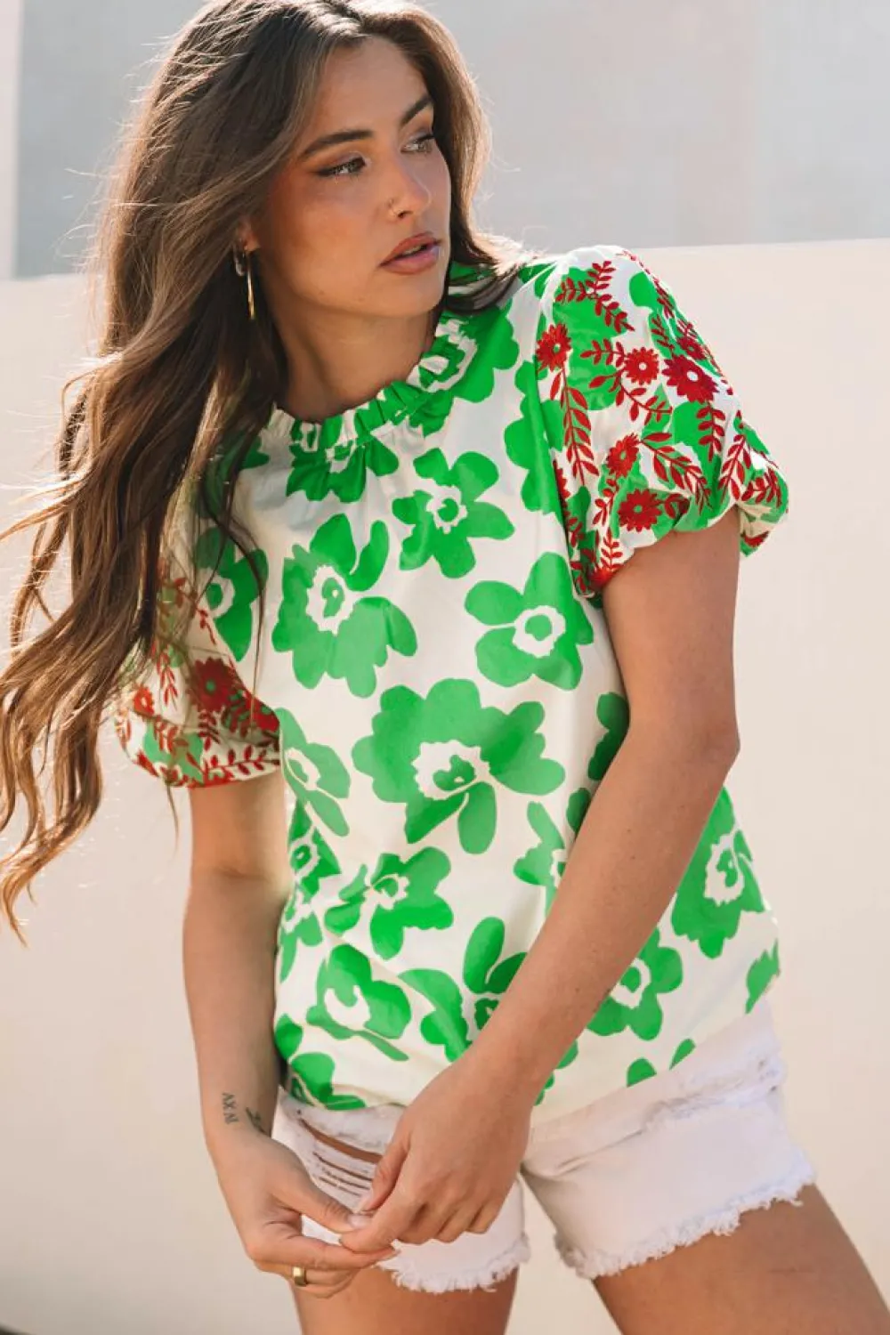 Hot Dear-Lover Contrast Embroidered Puff Short Sleeve Floral Blouse Green