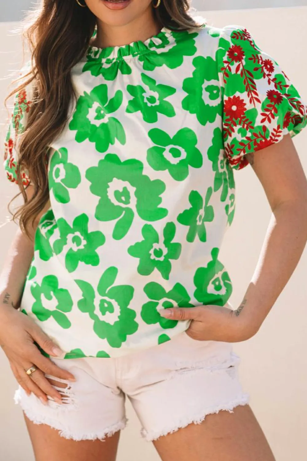 Hot Dear-Lover Contrast Embroidered Puff Short Sleeve Floral Blouse Green