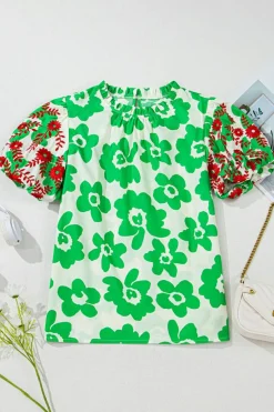 Hot Dear-Lover Contrast Embroidered Puff Short Sleeve Floral Blouse Green