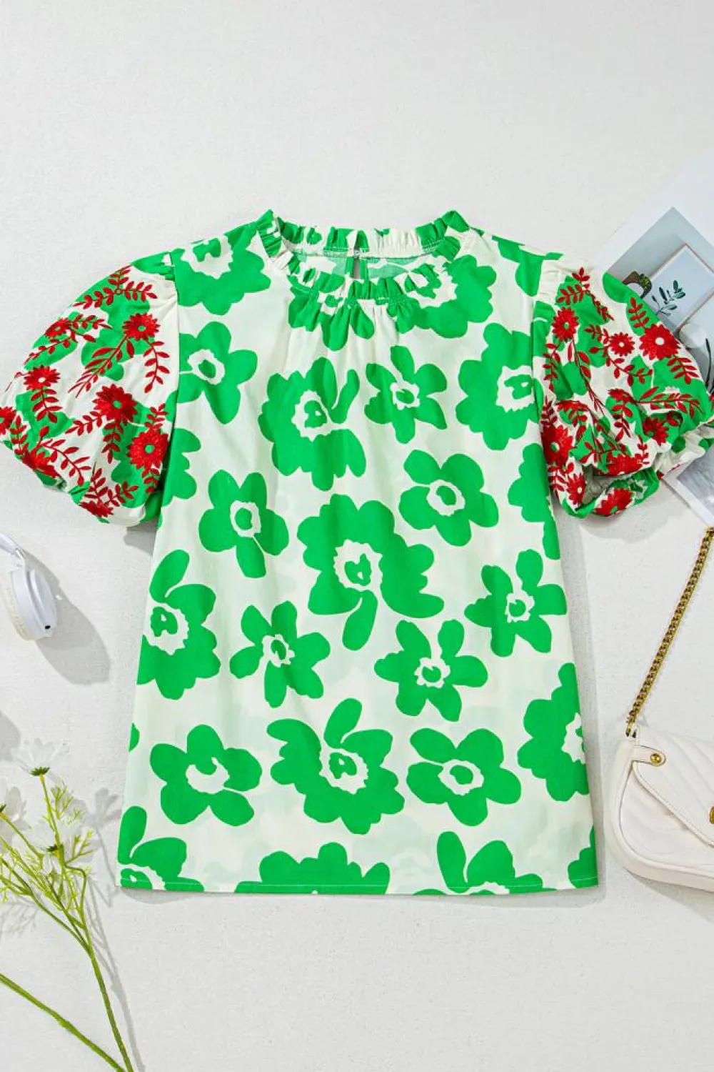 Hot Dear-Lover Contrast Embroidered Puff Short Sleeve Floral Blouse Green