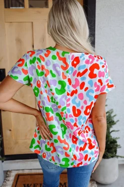 Discount Dear-Lover Contrast Leopard Print V Neck Short Sleeve Blouse Green