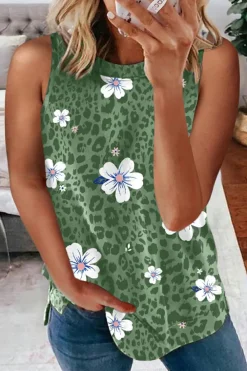 Sale Dear-Lover Crew Neck Floral Leopard Print Tank Top Green