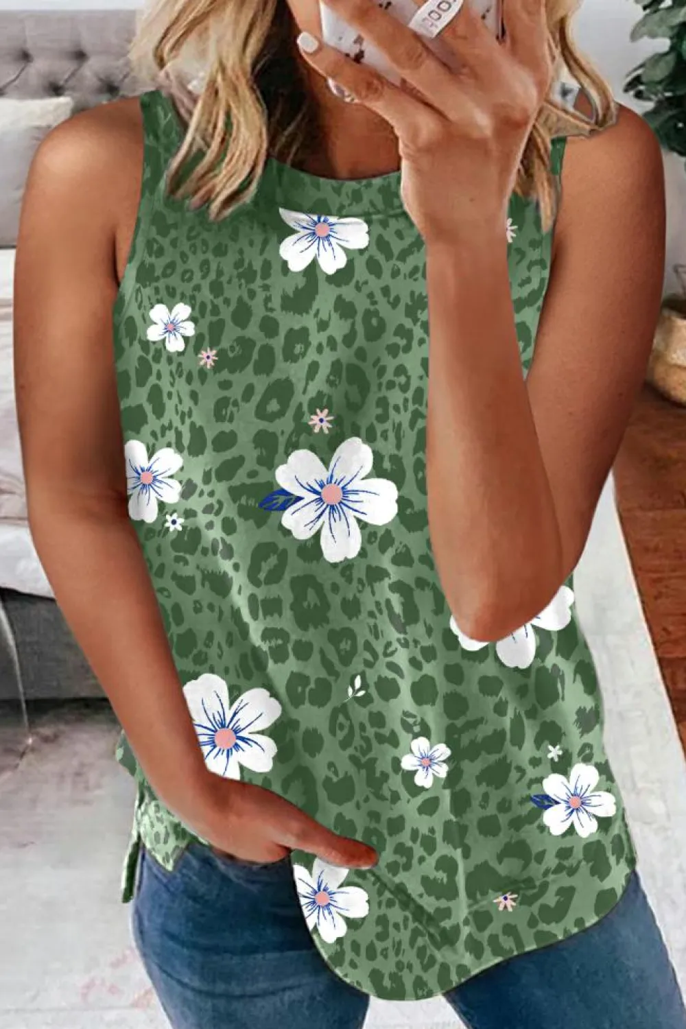 Sale Dear-Lover Crew Neck Floral Leopard Print Tank Top Green