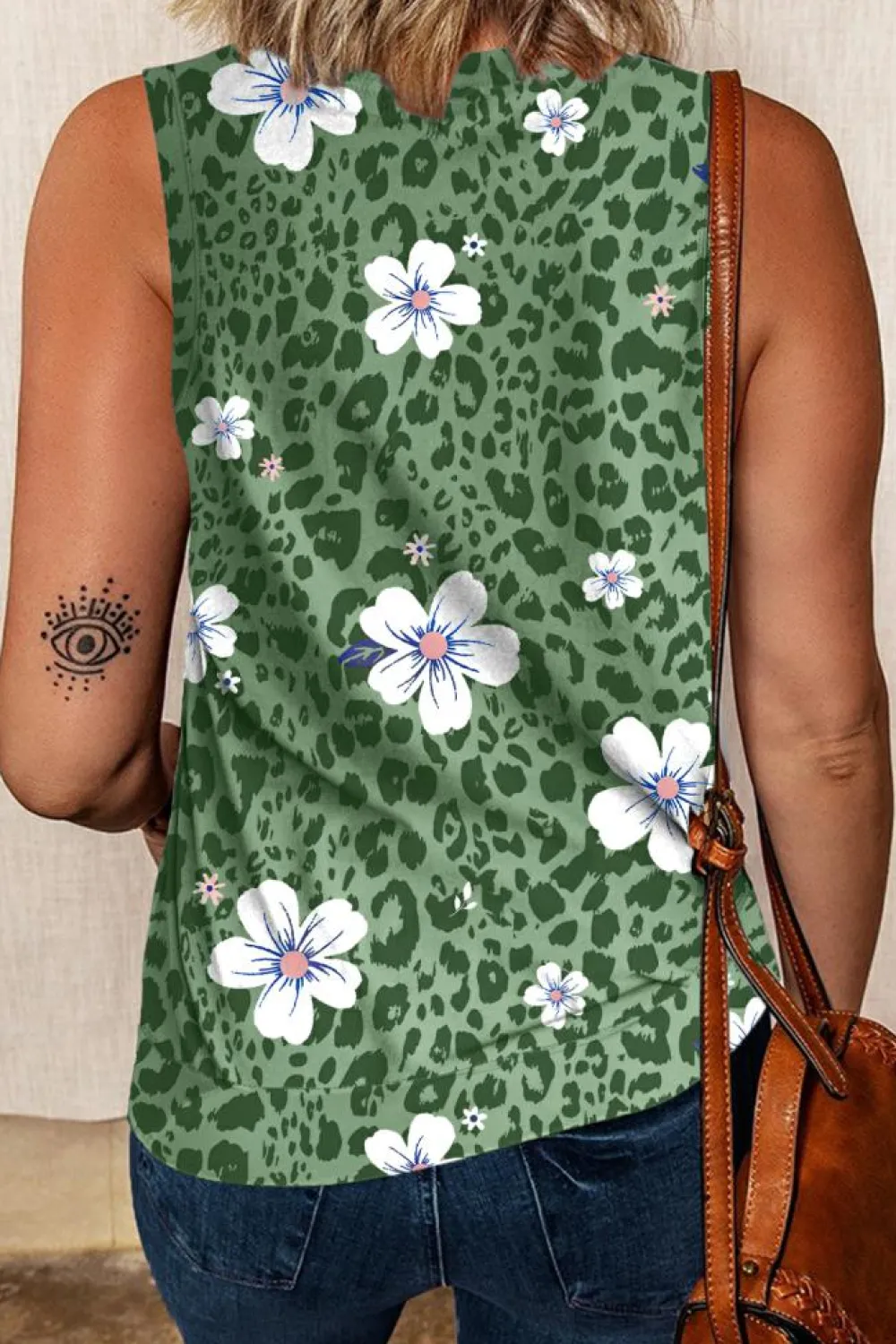 Sale Dear-Lover Crew Neck Floral Leopard Print Tank Top Green