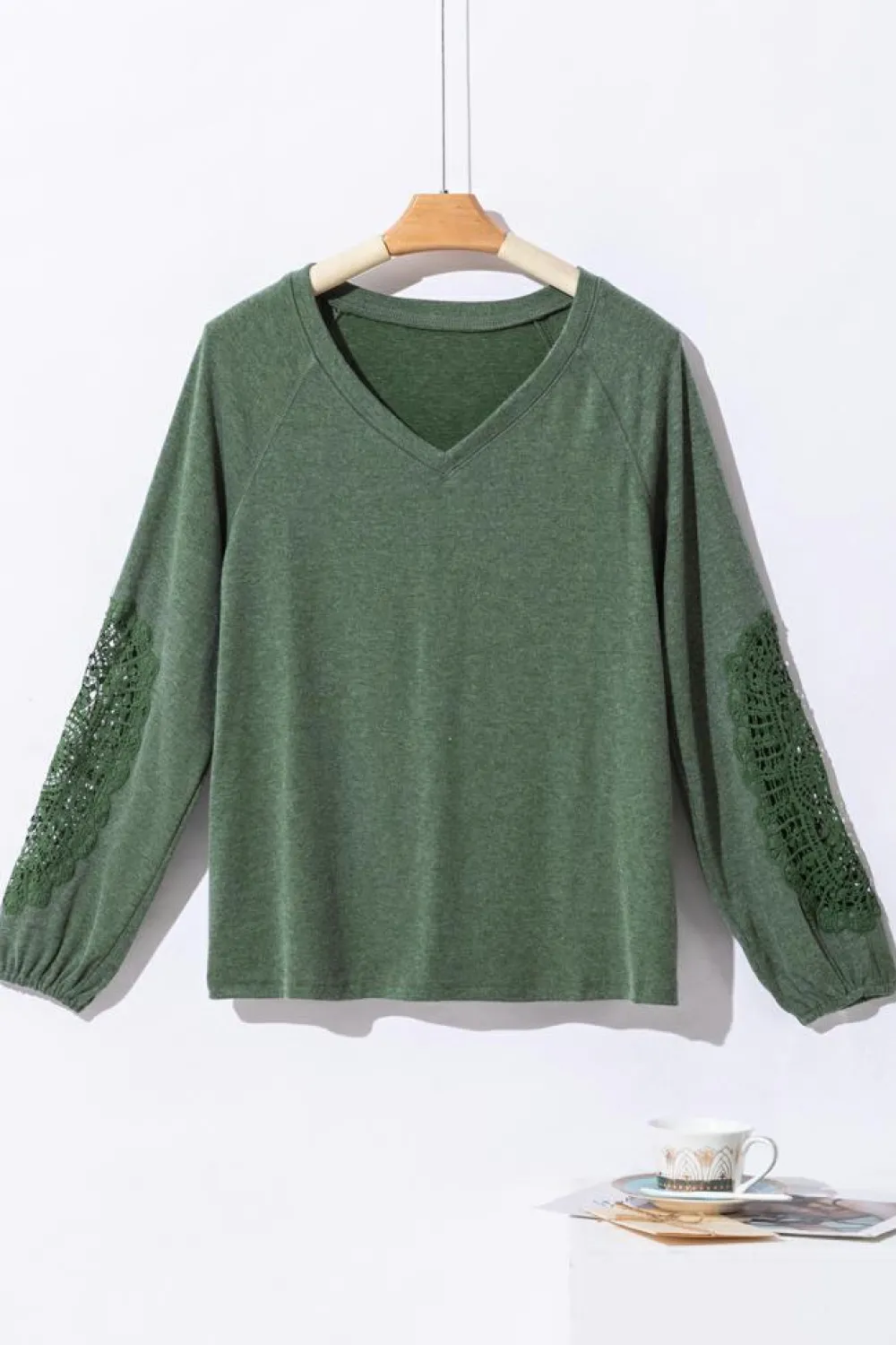 New Dear-Lover Crochet Lace Patch Raglan Sleeve Top Green