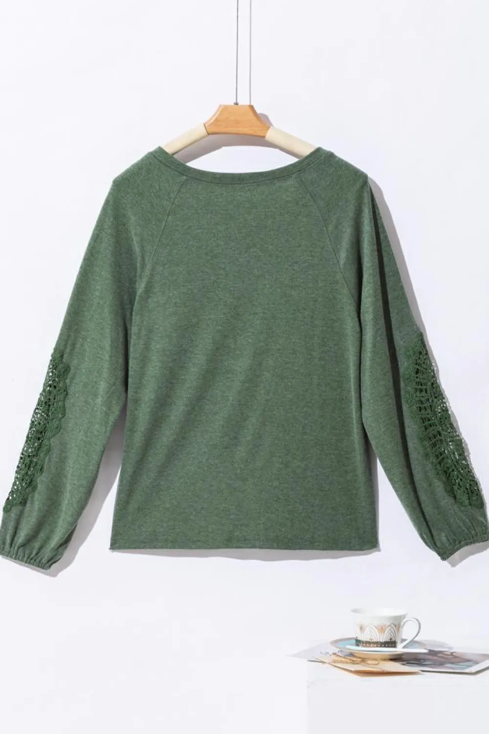 New Dear-Lover Crochet Lace Patch Raglan Sleeve Top Green