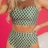 Fashion Dear-Lover Dotted Mesh Plaid Patchwork High Waisted Bikini Green
