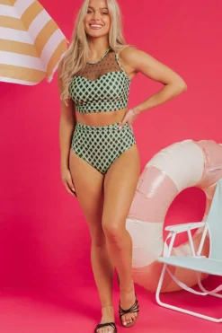 Fashion Dear-Lover Dotted Mesh Plaid Patchwork High Waisted Bikini Green