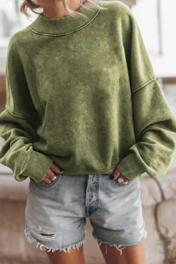 Online Dear-Lover Drop Shoulder Crew Neck Pullover Sweatshirt Green