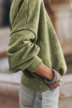 Online Dear-Lover Drop Shoulder Crew Neck Pullover Sweatshirt Green