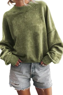 Online Dear-Lover Drop Shoulder Crew Neck Pullover Sweatshirt Green
